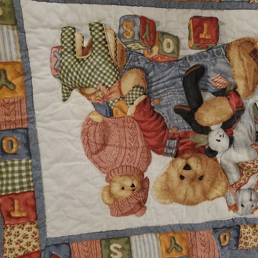 Quilted Blue Jean Teddy Bear Blocks Quilt Baby Blanket Wall Hanging‎ + Sheet